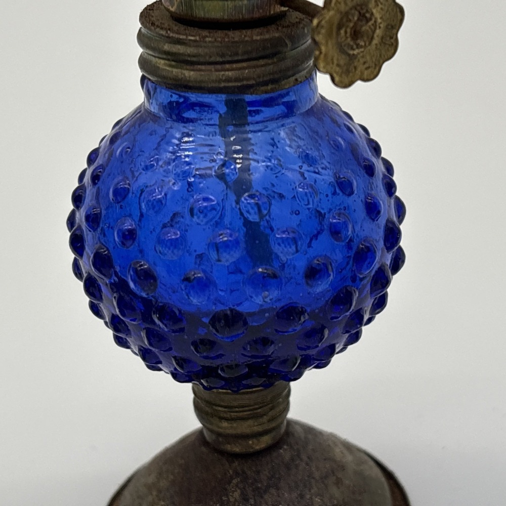 Vintage Miniature Colored Glass Oil Lamps Set Cobalt Hobnail Green Blue Lot of 3 - Picture 9 of 11